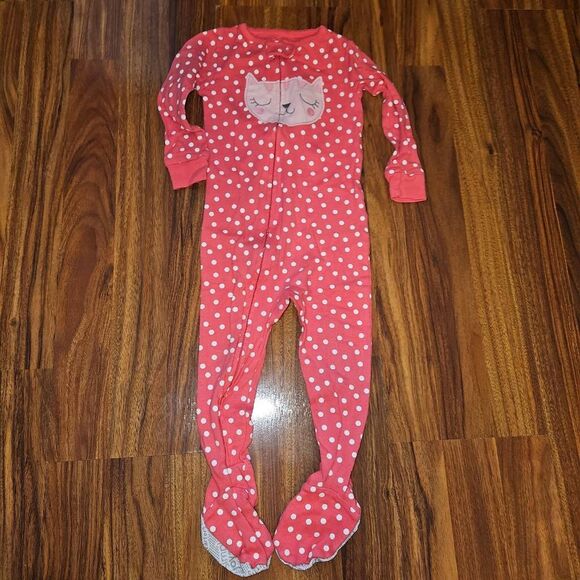 5 for $15 Carter's Pink Polkadot Cat Zipper Footie Pajamas Baby Size 18 Months - Picture 1 of 5
